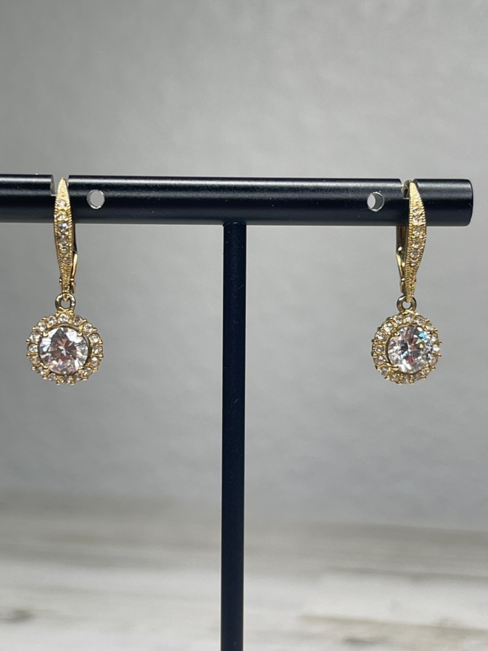 Nadri Framed Round CZ Halo Drop Earrings Gold Leverback